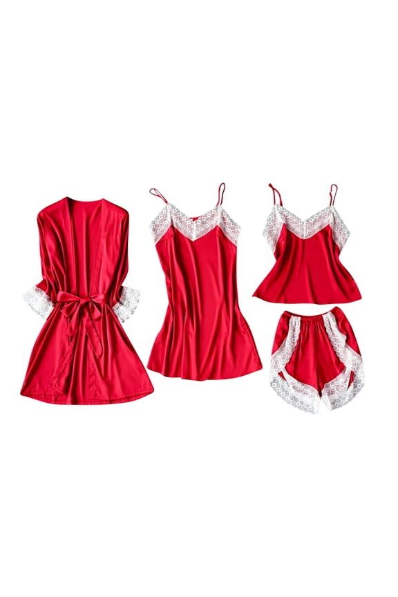 Tnhcen Women's Lace Trim Minimalist Sleepwear 4-Piece Set Camisole + Sleep Dress + Shorts + Robe S-2XL Pajamas Loungewear