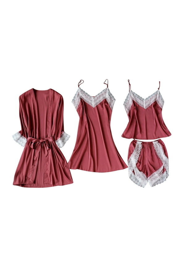 Tnhcen Women's Lace Trim Minimalist Sleepwear 4-Piece Set Camisole + Sleep Dress + Shorts + Robe S-2XL Pajamas Loungewear