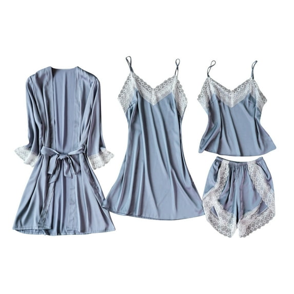Tnhcen Women's Lace Trim Minimalist Sleepwear 4-Piece Set Camisole + Sleep Dress + Shorts + Robe S-2XL Pajamas Loungewear