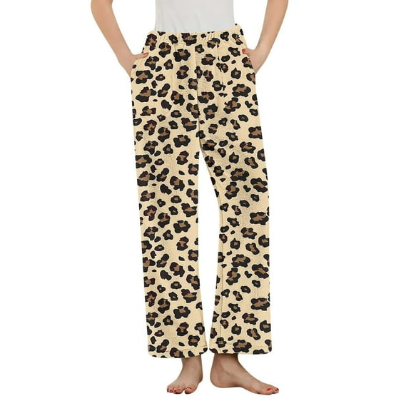 Tnhcen Women's Leopard Print Flannel Pajama Pants Fleece Thermal Sleepwear with Pockets Soft Lounge Pants Elastic Waist S-3XL