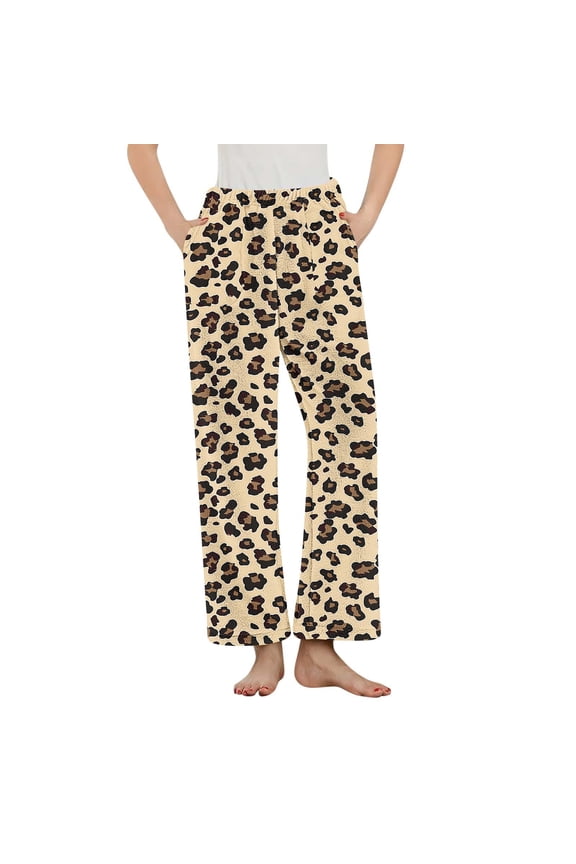 Women's Leopard Print Flannel Pajama Pants Fleece Thermal Sleepwear with Pockets Soft Lounge Pants Elastic Waist S-3XL