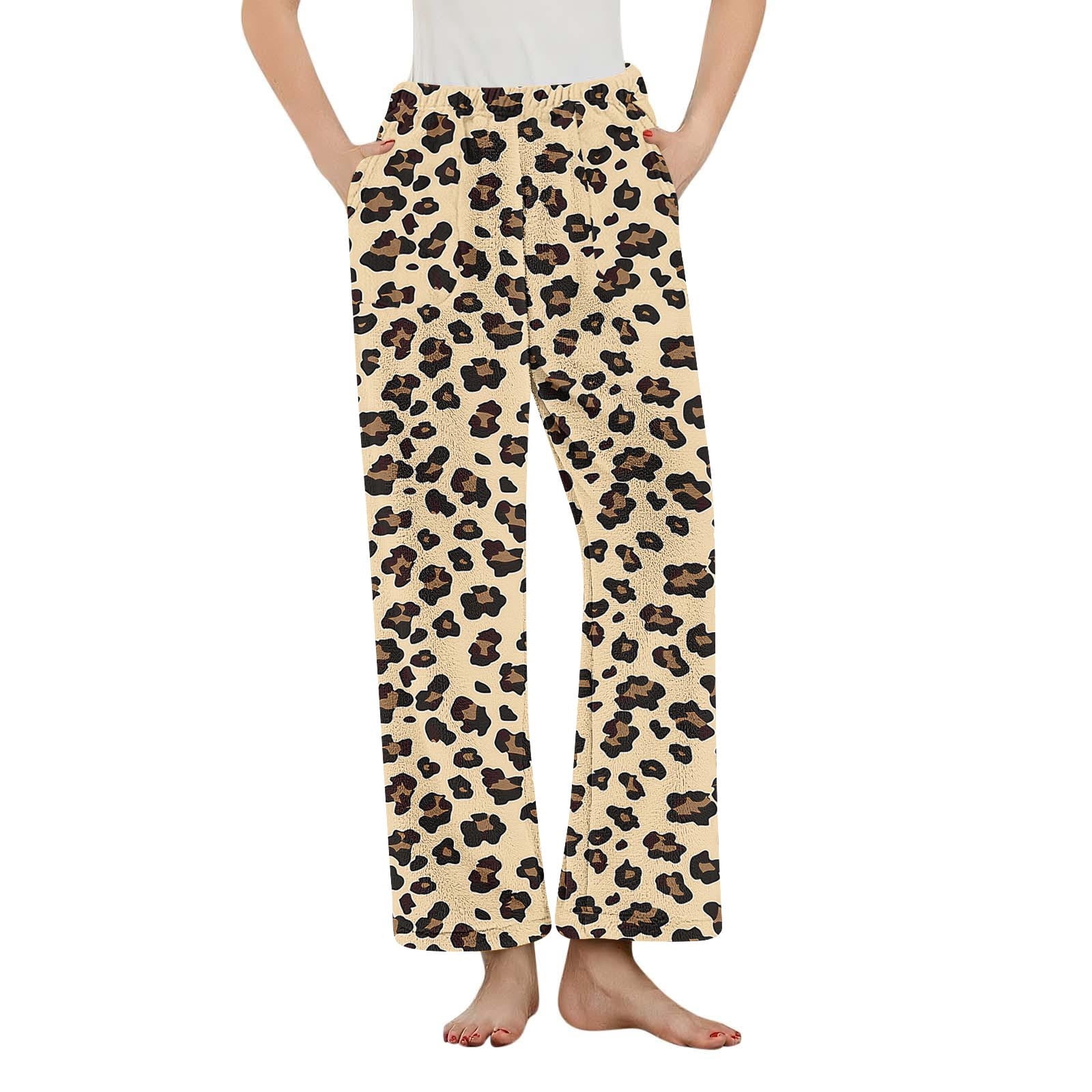 Tnhcen Women's Leopard Print Flannel Pajama Pants Fleece Thermal