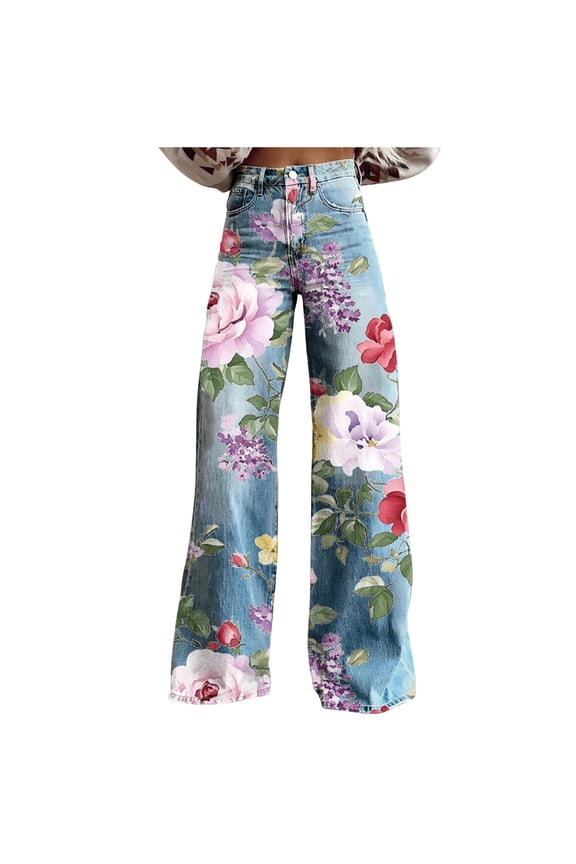 Women's Rose Print Denim Pants High Waisted Wide Leg Trousers Floral Embroidery Twill Plus Size Casual Streetwear S-5XL