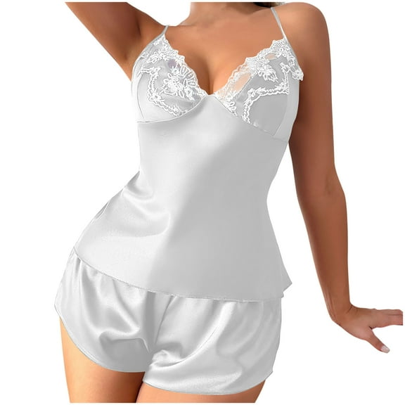 Tnhcen Women's Satin Slip Top with Lace Trim Two-Piece Sleepwear Set with Elastic Waistband Shorts S-XL