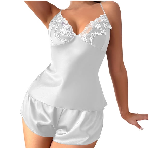 Tnhcen Women's Sexy Satin Slip Top with Lace Trim Two-Piece Sleepwear Set with Elastic Waistband Shorts S-XL