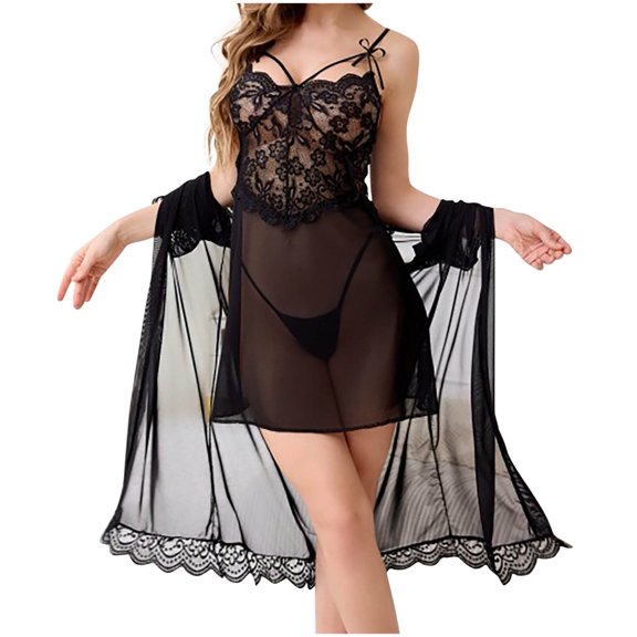 Tnhcen Women's Sexy Solid Lace Backless Sleep Set - Spaghetti Strap Plunge Dress + Lace Robe Loungewear for S-XL Sizes
