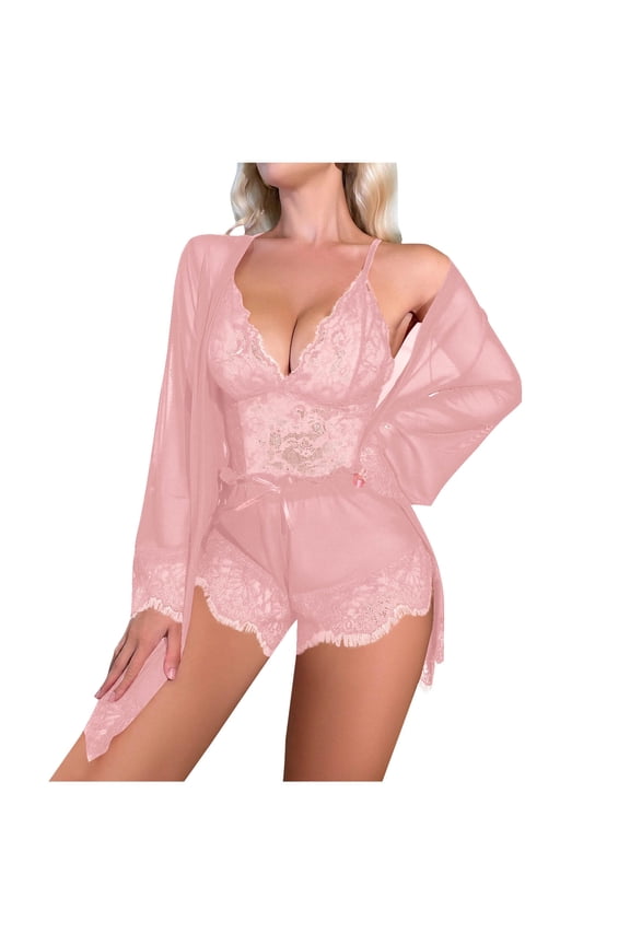 Women's Sexy V-Neck Lace Camisole Pajama Set 3-Piece Sleepwear with Robe Nylon Spandex Summer Pajamas S-3XL Sheer Lace Trim Nightwear Pink