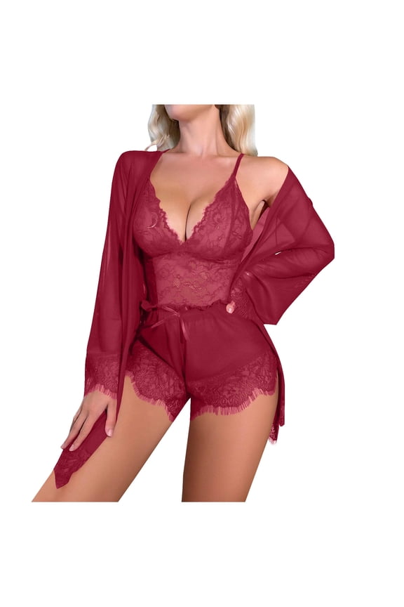 Women's V-Neck Lace Camisole Pajama Set 3-Piece Sleepwear with Robe Nylon Spandex Summer Pajamas S-3XL Sheer Lace Trim Nightwear Wine