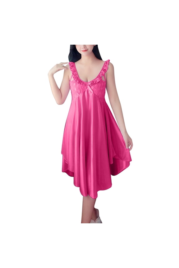Women's Sexy V-Neck Nightgown Sleeveless Dress Free Size 100% Ice Silk Sleepwear Solid Color Multiple Colors Available Hot Pink
