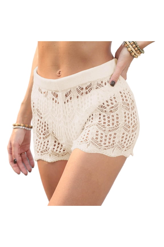 Women's Sheer High Waisted Beach Shorts, See-Through Crochet Cover-Up Shorts, Nylon Spandex Mesh Vacation Shorts S-XL