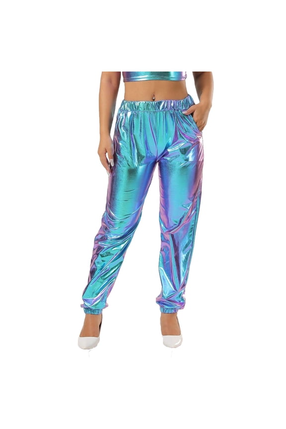 Women's Shiny Metallic Loose Fit Stretchy Jogger Pants with Cuffed Ankles, Casual Daily Wear & Party Evening Event Bottoms, Polyester Fabric, Available in Sizes XS - L