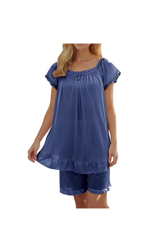 Women's Short Nightgown Set Short-Sleeves and Shorts Lightweight Fabric Nightwear Set Homewear Free Size