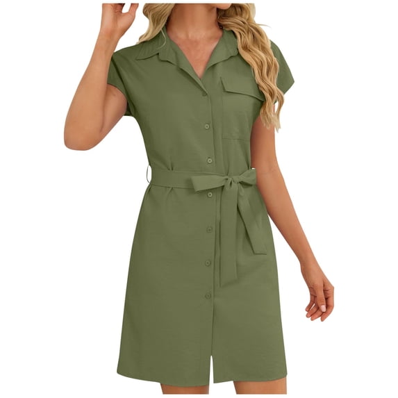 Tnhcen Women's Short Sleeve Button Front Tie Waist Solid Color Sleepwear Nightgown Dress Nylon Spandex Blend Soft Breathable Pajama for Women S - 6XL