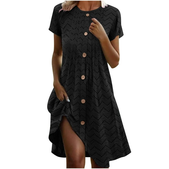 Tnhcen Women's Short Sleeve Casual Button Front Knee Length Dress, Plus Size S - 2XL Polyester Vintage Pattern Loose Fit Pocket Split Hem Casual Day Out Dress
