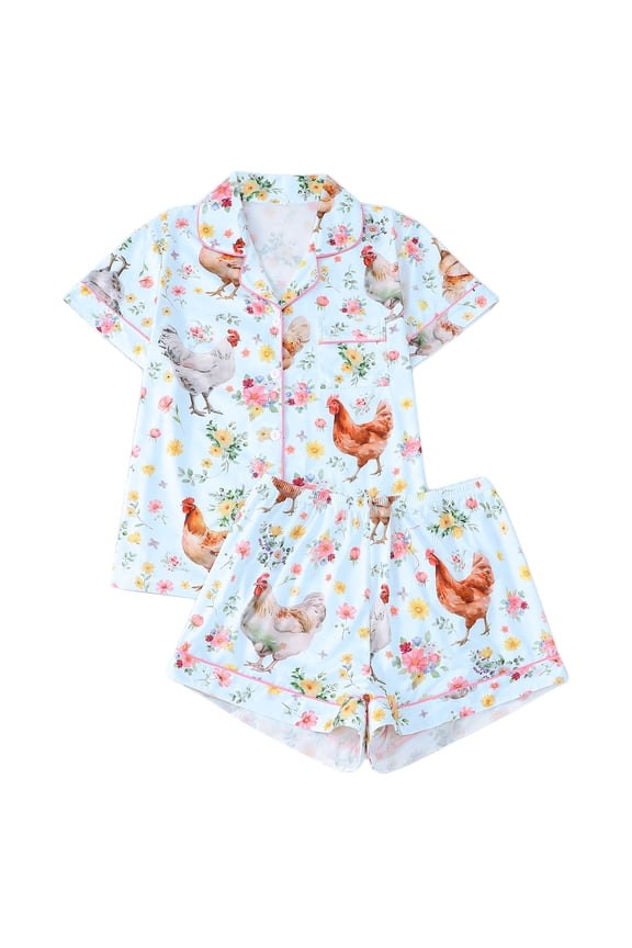 Women's Short Sleeve Pajama Set Button-Down Top & Shorts Cute Chicken Animal Print Milk Silk Fabric Loungewear & Sleepwear Sizes S-2XL