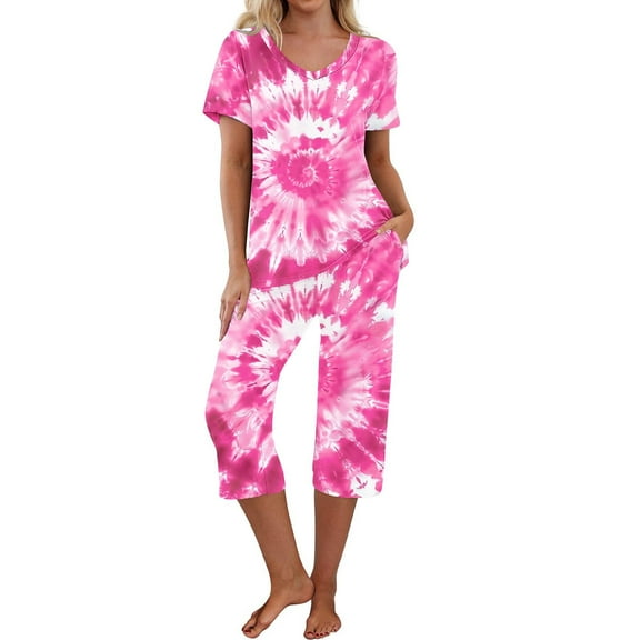 Tnhcen Women's Short Sleeve Pajamas Set Shirt Capri Pants Sleepwear Pjs Sets with Pockets Home Clothes S-2XL