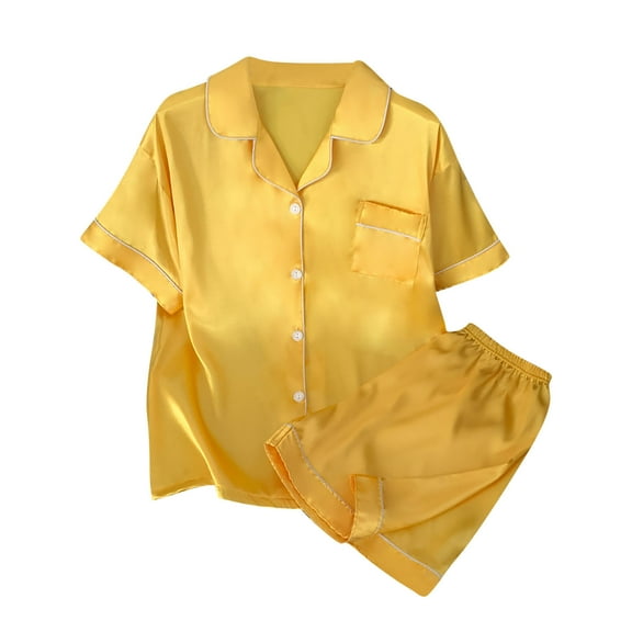 Tnhcen Women's Short Sleeve Turn-Down Collar Pajama Set - Soft Sleepwear for Women Lightwieght & Breathable Casual Home Outfit with Pockets Button Nightwear M-2XL Yellow