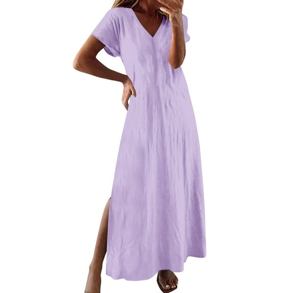 Tnhcen Women's Short Sleeve V Neck Loose Maxi Dress with Split Hem Pre - Shrunk Linen Look Casual Dress for Women Size S - 2XL, Daily Wear Outfit & Beach Cover Up