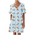 thumbnail image 1 of Tnhcen Women's Short Sleeve V Neck Pocket Ruffle Sleeve Cherry Print Casual Dress S-2XL 95% Polyester 5% Spandex Stretchy Fabric Summer Dress Plus Size Daily Wear, 1 of 8