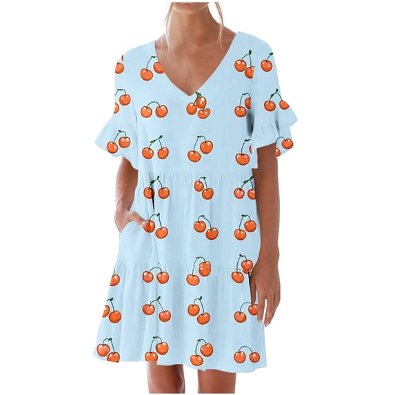 Tnhcen Women's Short Sleeve V Neck Pocket Ruffle Sleeve Cherry Print Casual Dress S-2XL 95% Polyester 5% Spandex Stretchy Fabric Summer Dress Plus Size Daily Wear