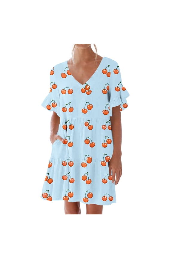 Women's Short Sleeve V Neck Pocket Ruffle Sleeve Cherry Print Casual Dress S-2XL 95% Polyester 5% Spandex Stretchy Fabric Summer Dress Plus Size Daily Wear
