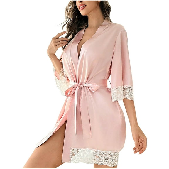 Tnhcen Women's Silk-Like Lace Trim Tie-Front Long Bathrobe Loose-Fit Sleepwear for S-XL Comfortable Home & Post-Shower Wear