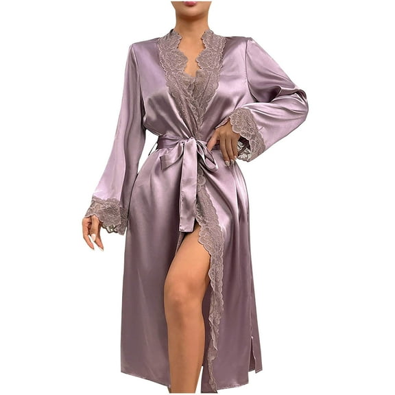 Tnhcen Women's Silk-like Long Bath Robe Lace Trim Button-Front Cardigan Solid Soft & Breathable for Home Lounging S-XL Sizes