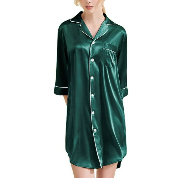 Tnhcen Women's Silky Silk Pajama V-Neck Button Half Sleeve Nightdress Fashion Summer Pjs Home Clothes S-2XL