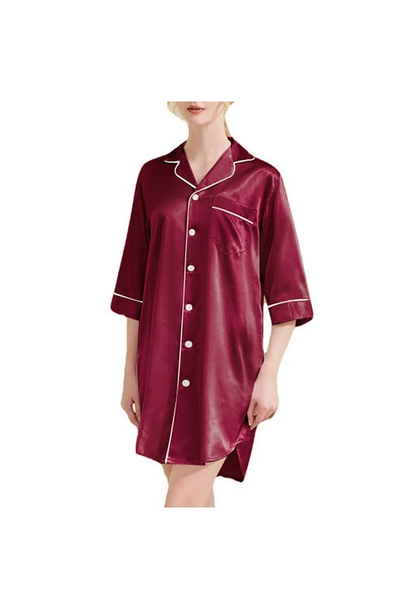 Women's Silky Silk Pajama V-Neck Button Half Sleeve Nightdress Fashion Summer Pjs Home Clothes S-2XL