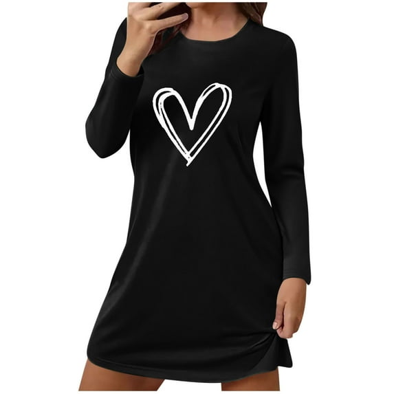 Tnhcen Women's Sleep Dress Long Sleeve Heart Print Nightgown Loungewear Pajamas Soft Warm Winter Nightwear Cozy Twill Home Dress S-2XL Multiple Colors Available