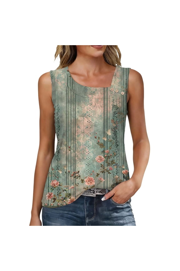 Women's Sleeveless Blouse with Asymmetric Neck, Floral Print Summer Top, Boho Chic Button Front Cami, Loose Fit Casual Tops for Women, Sizes S-3XL