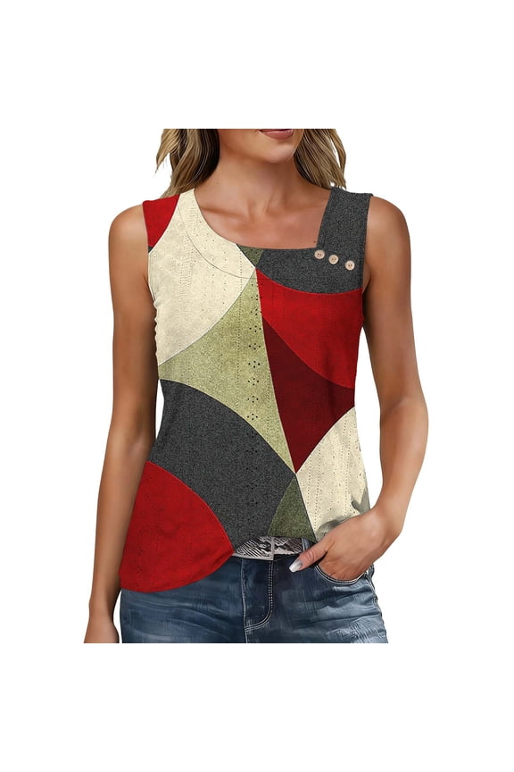 Women's Sleeveless Blouse with Asymmetric Neck, Floral Print Summer Top, Boho Chic Button Front Cami, Loose Fit Casual Tops for Women, Sizes S-3XL