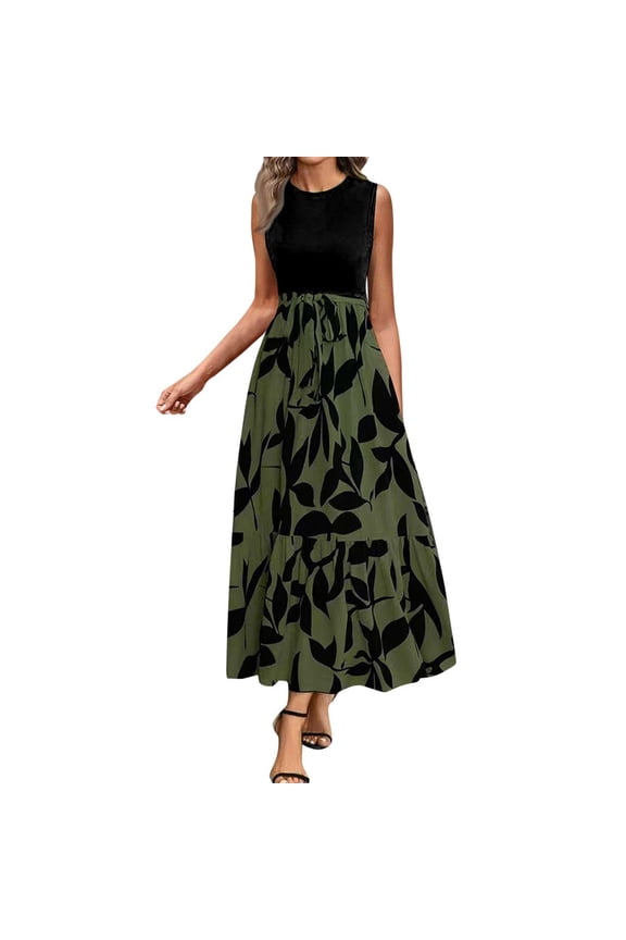Women's Sleeveless Bohemian Wrap Hem A - Line Printed Maxi Dress with Elastic Waist Tie 4 - Way Stretch Summer Casual Beach Vacation Party Dress for Women Sizes S - 2XL