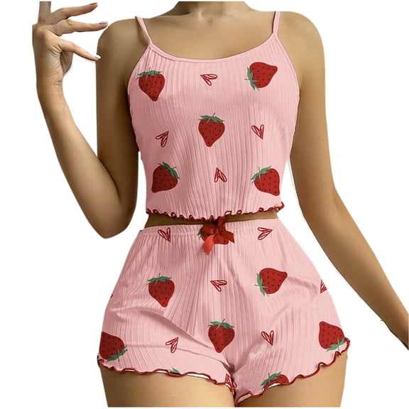 Tnhcen Women's Sleeveless Ribbed Pajama Set Bow & Strawberry Print Shorts - Comfy Loungewear Home/Out Ready Sizes S-XL