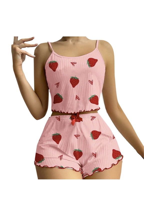 Women's Sleeveless Ribbed Pajama Set Bow & Strawberry Print Shorts - Comfy Loungewear Home/Out Ready Sizes S-XL