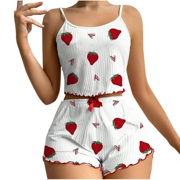 Tnhcen Women's Sleeveless Ribbed Pajama Set Bow & Strawberry Print Shorts - Comfy Loungewear Home/Out Ready Sizes S-XL