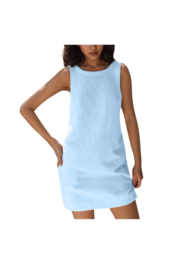 Women's Sleeveless Round Neck Pocket Tank Dress Pre-shrunk Cotton Linen Look Casual Summer Dress Plus Size S-2XL Loose Fit Solid Color Daily Wear Outfit
