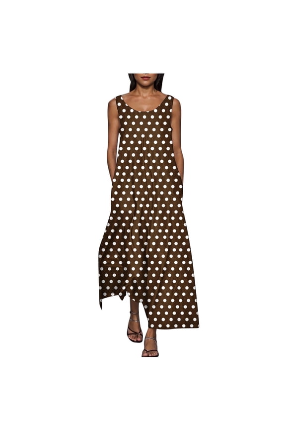 Women's Sleeveless Round Neck Polka Dot Maxi Dress with Pockets, 95% Polyester 5% Spandex Stretchy Casual Summer Dress, S-2XL Plus Size Loose Fit Beach Vacation Dress