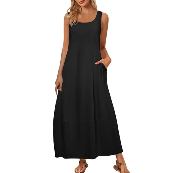 Tnhcen Women's Sleeveless Round Neck Solid Color Maxi Dress, Side Pockets Maxi Dress Casual Long Dress, Plus Size S-2XL Maxi Dress for Women