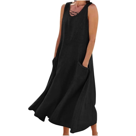 Tnhcen Women's Sleeveless V Neck Dress 100% Polyester Pre Shrunk Pocket Linen Look Casual Maxi Dress Plus Size S - 2XL Loose Flowy Summer Beach Casual Dress for Women