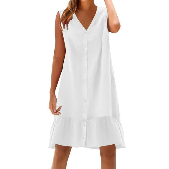 Tnhcen Women's Sleeveless V - neck Button Front Dress, Cotton Linen Look Pre - washed Casual A - line Ruffle Hem Dress for Women Plus Size S - 2XL, Casual Summer Outfit for Beach
