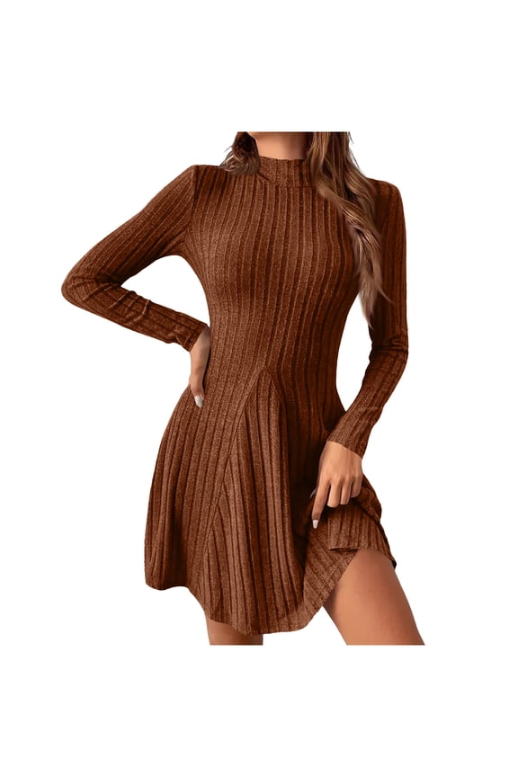 Women's Slim Fit High Neck Long Sleeve A Line Knit Dress Fake Two - Piece Bodycon Casual Dress, Nylon Spandex Elastic Waist Plus Size S - 2XL