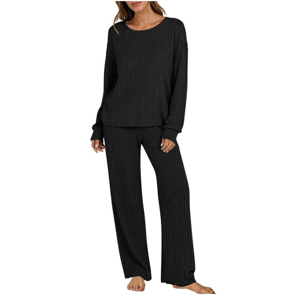 Tnhcen Women's Soft Pjs Viscose from Bamboo Pajamas Set Long Sleeve Loungewear Wide Leg Pants Homewear Set S-2XL
