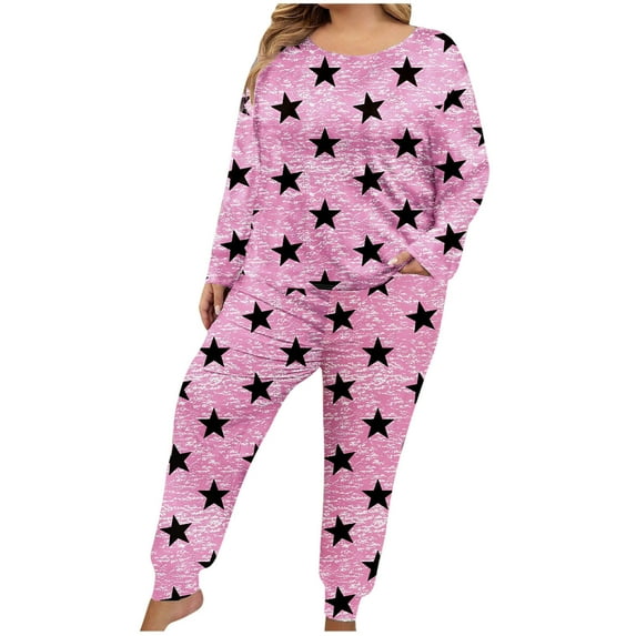 Tnhcen Women’s Soft Stylish Pajamas Set Plus Size Loose Comfortable Long Sleeve Printed Top Pants Lounge Wear Homewear Set XL-5XL