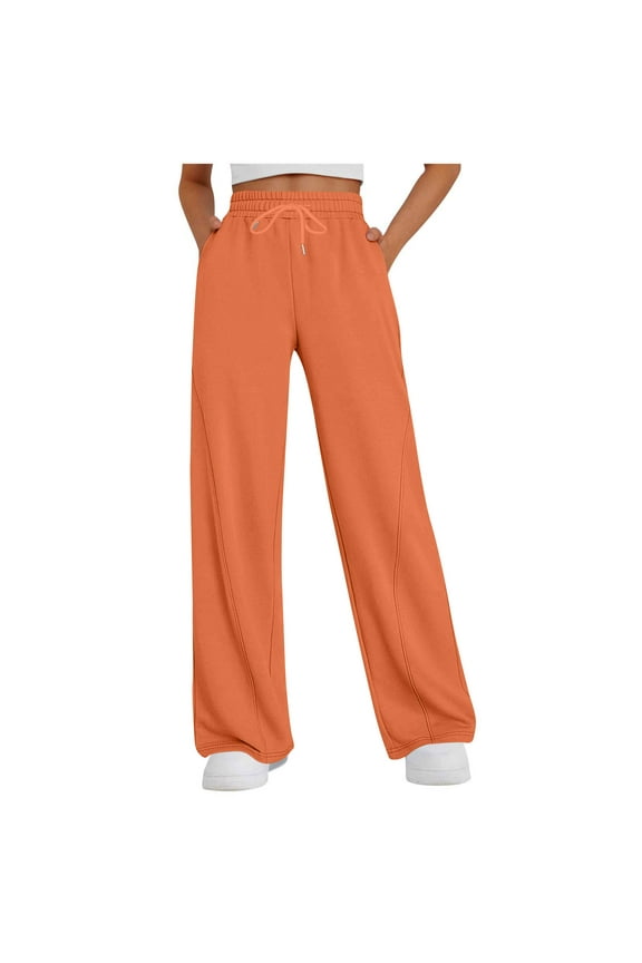 Women's Solid Casual Drawstring Waist Wide Leg Sweatpants Japanese Fleece Lounge Pants with Pockets Comfortable Straight Leg Trousers S-2XL