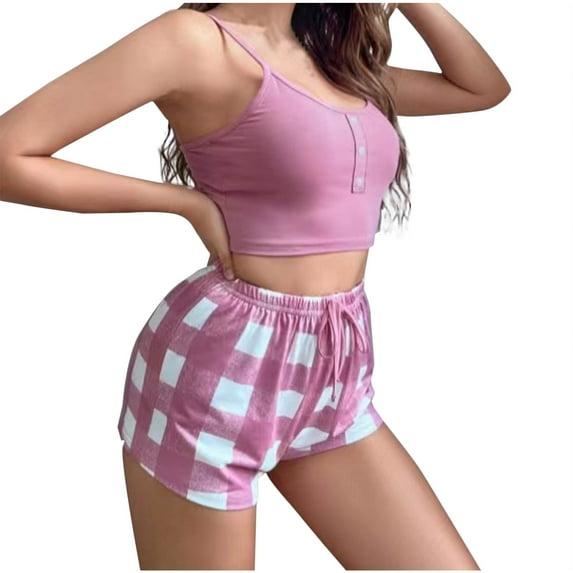 Tnhcen Women's Solid Color Button Crew Neck Tank & Plaid Elastic Waistband Shorts Sleepwear Set Cute Pajamas Homewear S to XL