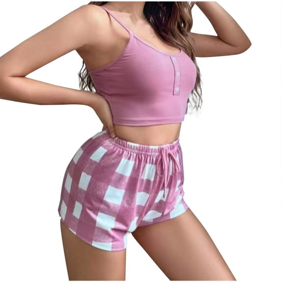 Tnhcen Women's Solid Color Button Crew Neck Tank & Plaid Elastic Waistband Shorts Sleepwear Set Cute Pajamas Homewear S to XL