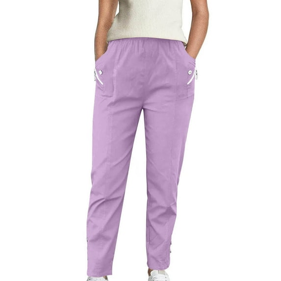 Tnhcen Women's Solid Color Cargo Pants Elastic Waist Zipper Pocket Straight Leg Workwear Pants Matte Finish Stretch Comfort Trousers Casual Long Pants S-2XL