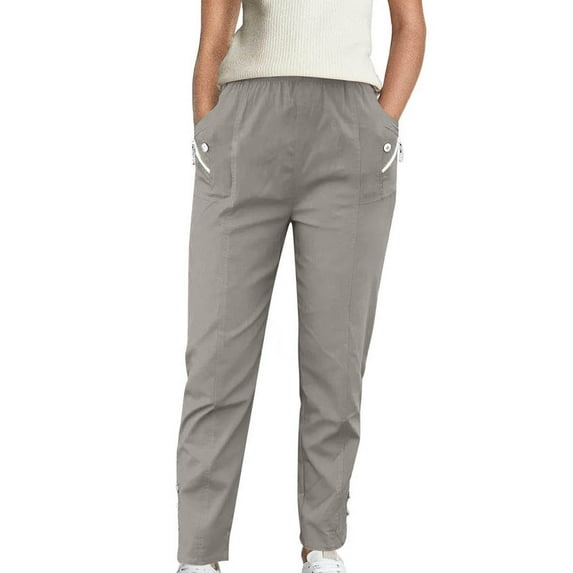 Tnhcen Women's Solid Color Cargo Pants Elastic Waist Zipper Pocket Straight Leg Workwear Pants Matte Finish Stretch Comfort Trousers Casual Long Pants S-2XL