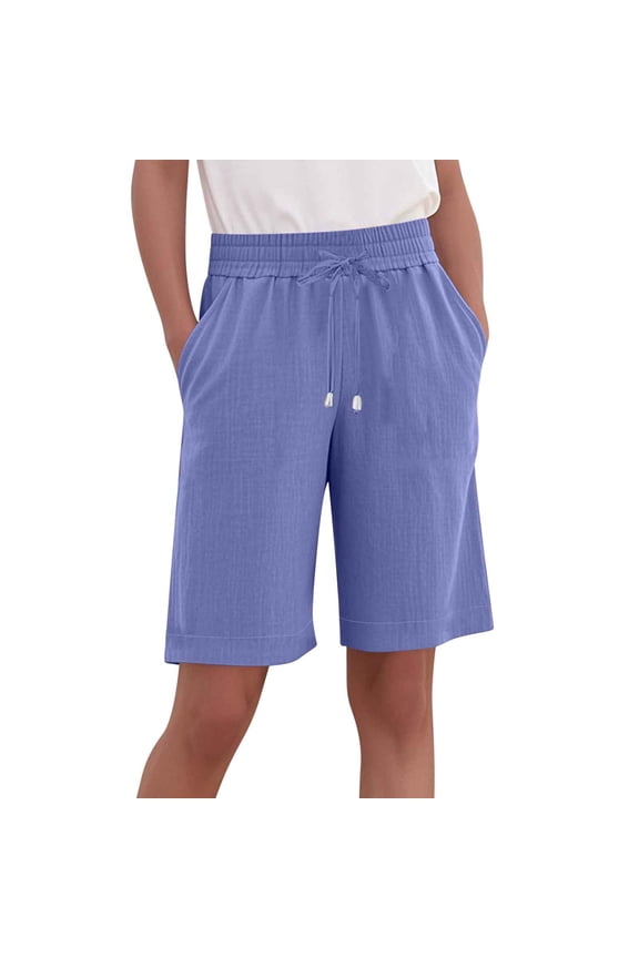 Women's Solid - Color Casual Loose - Fit Bermuda Shorts with Pockets Elastic Waist with Drawstring Basic Style S - 5XL Pre - Washed Wrinkle Design Shorts